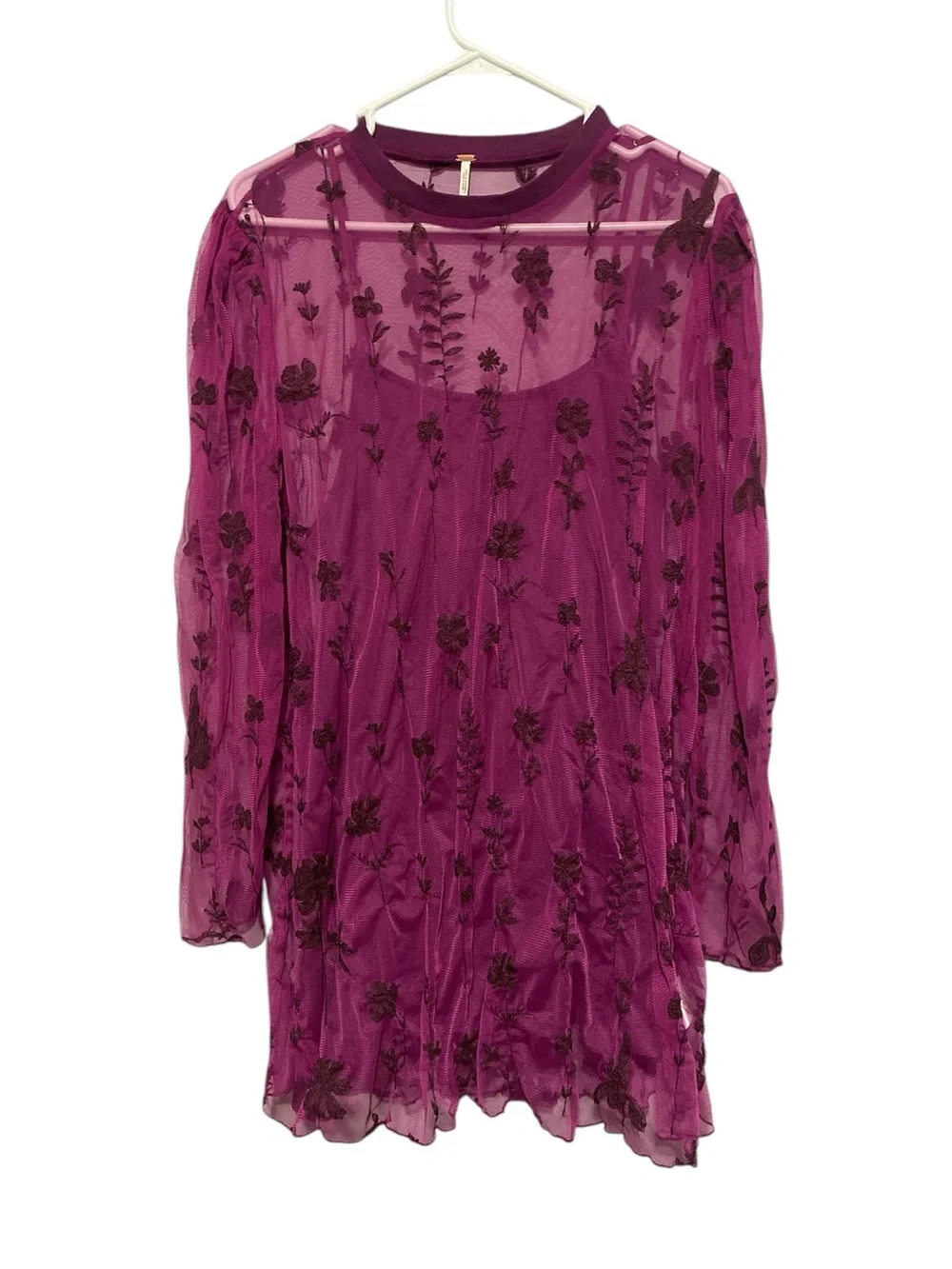 Free People Cecilia Sheer Floral Purple Mini Dress Large Whimsical Ethereal Boho - Picture 3 of 6